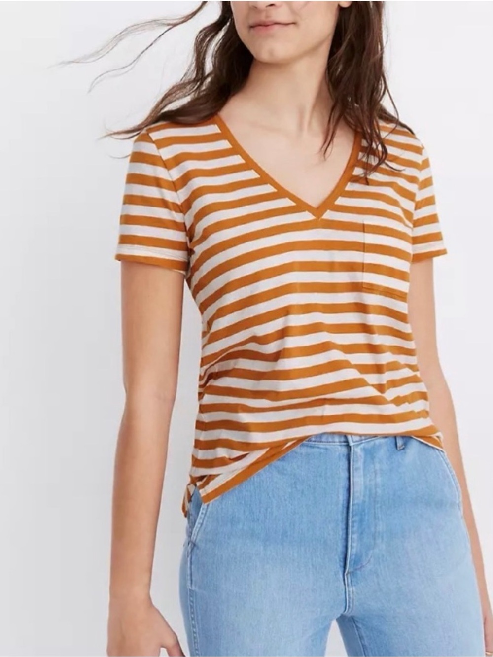 Madewell White and Mustard Striped V-Neck Pocket Tee